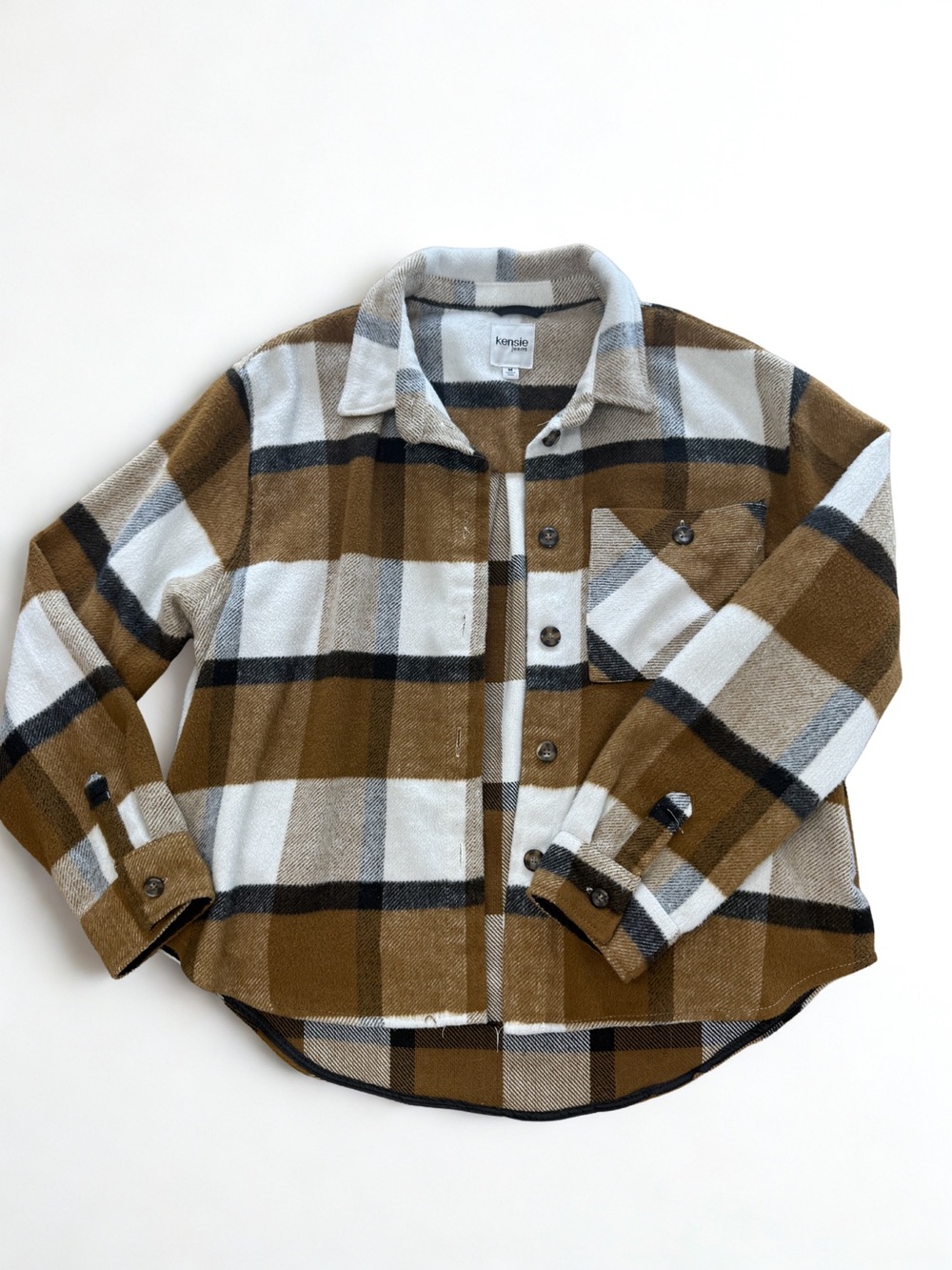 Kensie Jeans Plaid Shacket Jacket Size M Brown Cream Button Front Overshirt